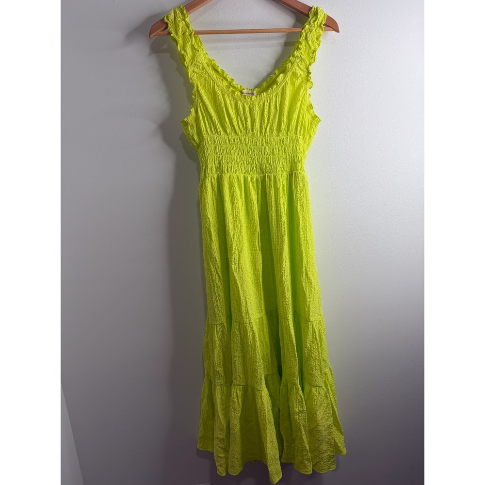 Urban Outfitters Neon Lime Green Smocked Tiered Midi Dress Womens M‎ Boho Beach